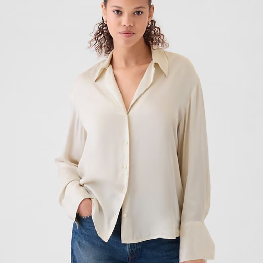 NWT GAP Satin Relaxed Button Front Shirt Blouse Chino Ivory S